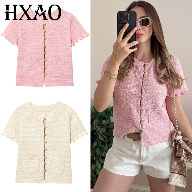 Embellish Knit - HXAO المحاصيل سترة متماسكة للنساء الصيف